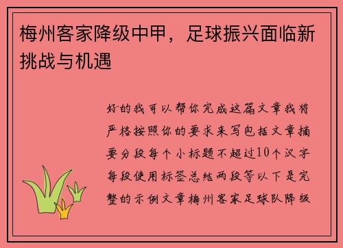 梅州客家降级中甲,足球振兴面临新挑战与机遇 梅州客家降级中甲,足球振兴面临新挑战与机遇